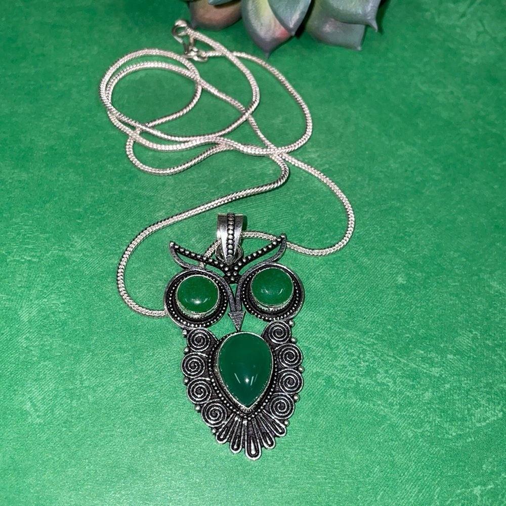 Green Chalcedony Owl Necklace